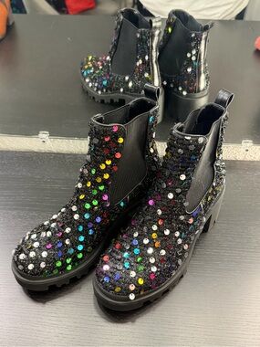 Betsey Johnson "Rowann" Rainbow Sequin Lug Sole Ankle Boots